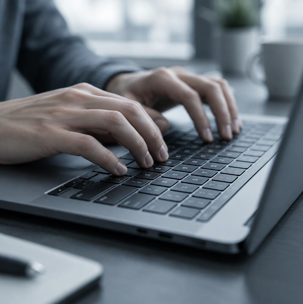 Hands typing on a laptop keyboard in black and white