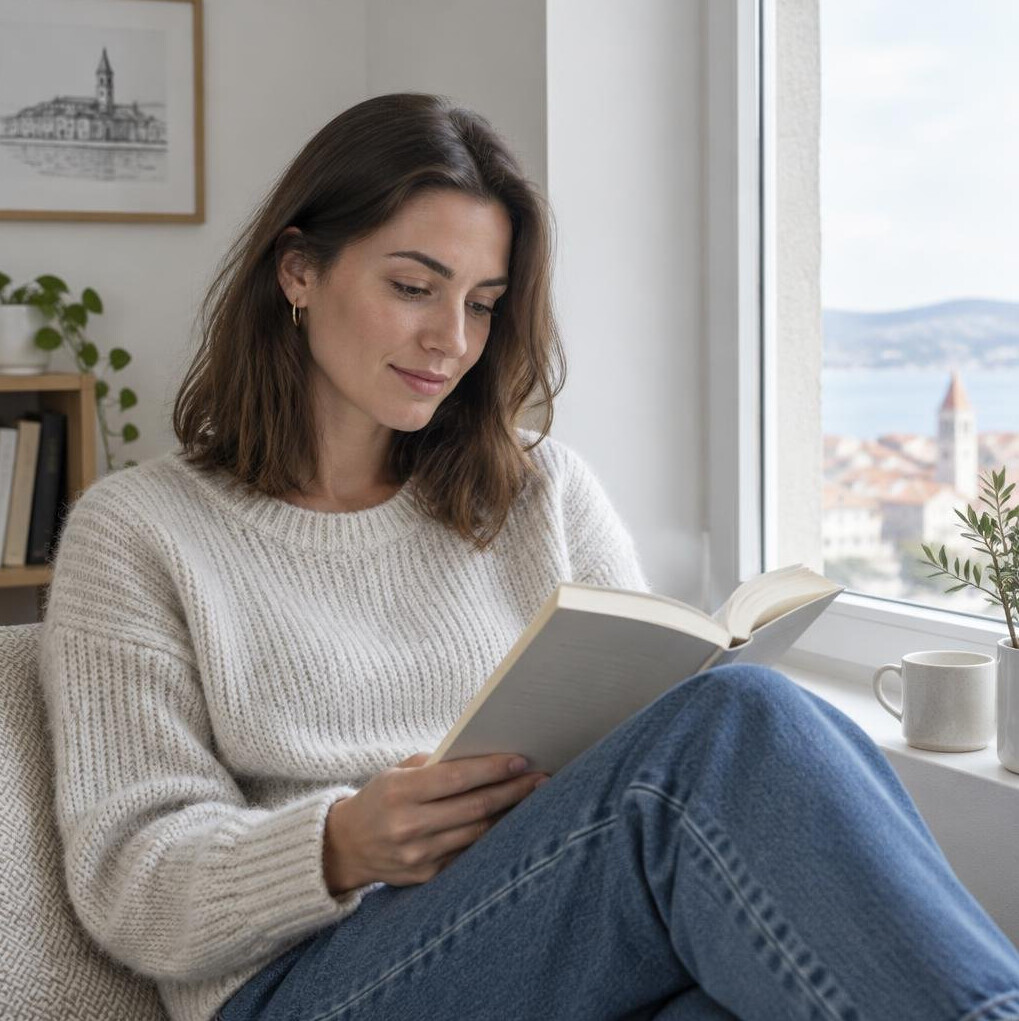 Young woman reading a book near a bright window