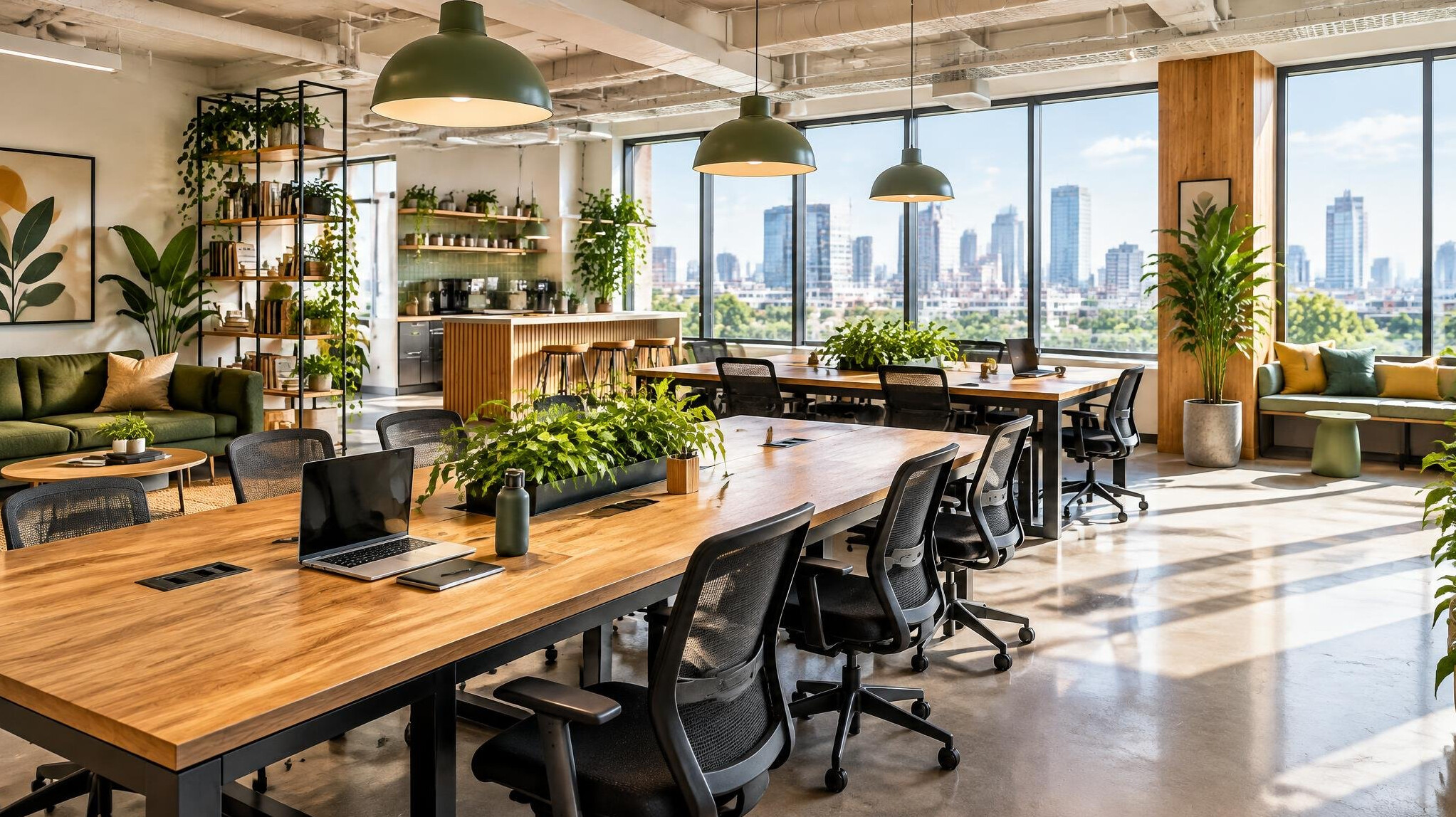 Bright modern co-working space with desks, plants and large windows