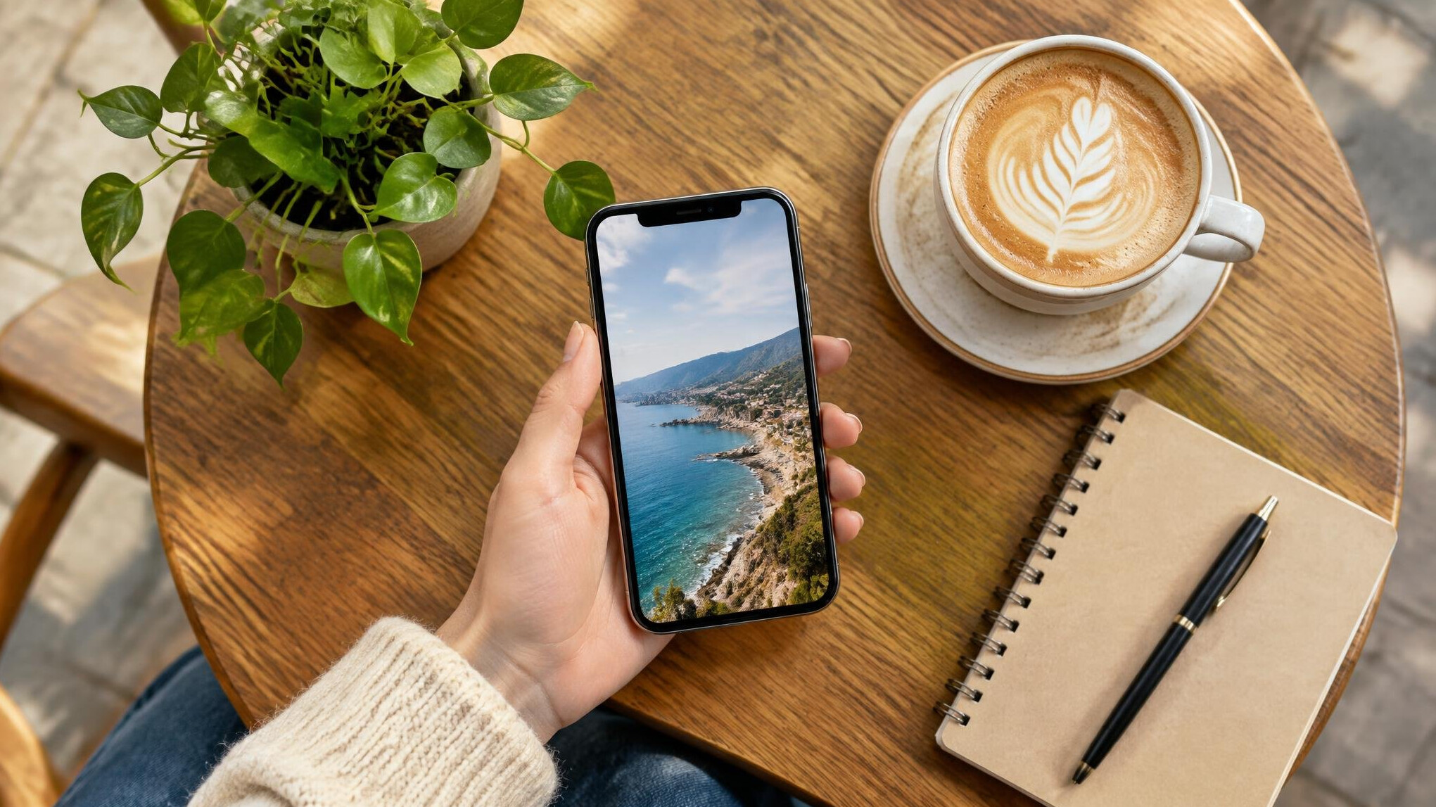 Hand holding a smartphone over a table with a small plant and coffee