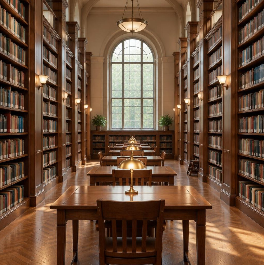 Tall library bookshelves in a quiet reading hall